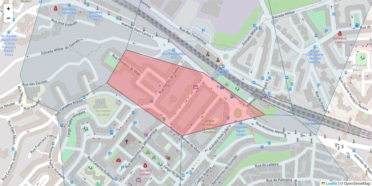 Mapa detalhado do código postal 2720-389 com limites, códigos postais vizinhos e agências dos correios
