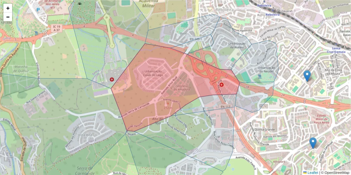 Mapa detalhado do código postal 2724-510 com limites, códigos postais vizinhos e agências dos correios