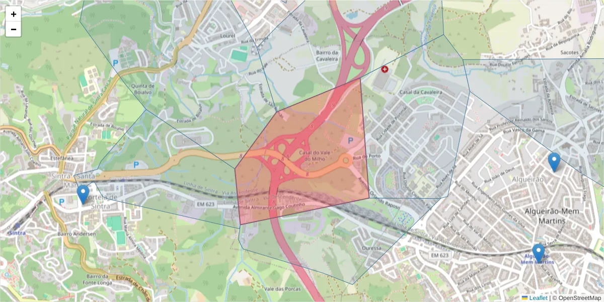 Mapa detalhado do código postal 2725-000 com limites, códigos postais vizinhos e agências dos correios