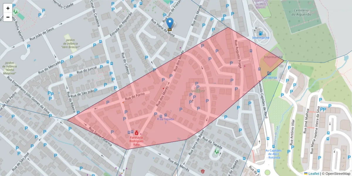 Mapa detalhado do código postal 2725-019 com limites, códigos postais vizinhos e agências dos correios