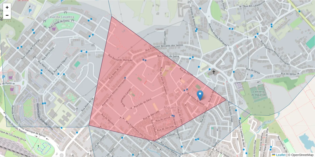 Mapa detalhado do código postal 2725-022 com limites, códigos postais vizinhos e agências dos correios