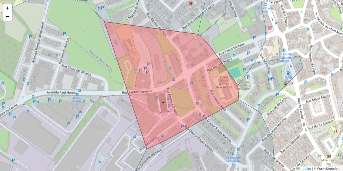 Mapa detalhado do código postal 2725-175 com limites, códigos postais vizinhos e agências dos correios