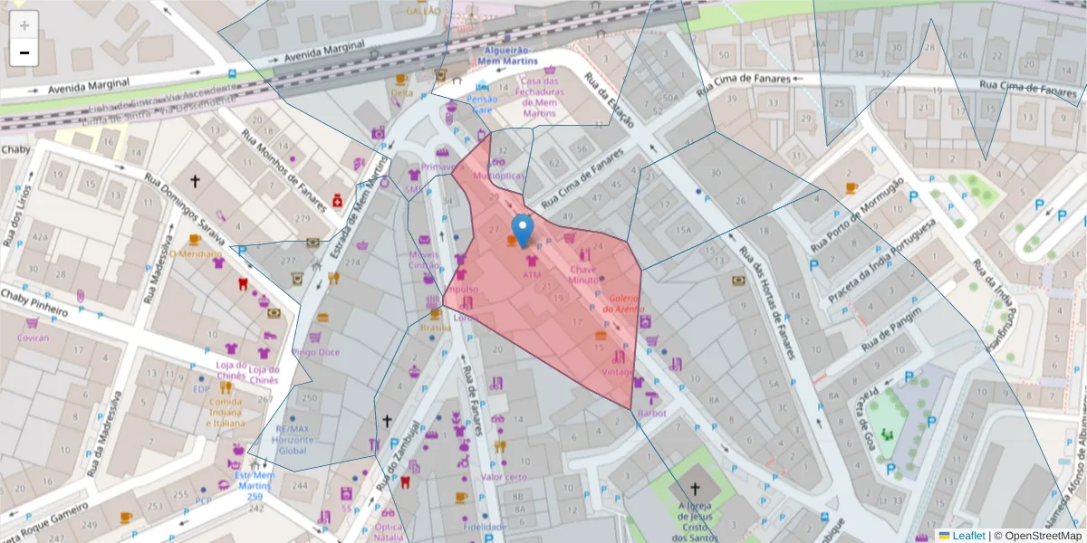 Mapa detalhado do código postal 2725-232 com limites, códigos postais vizinhos e agências dos correios