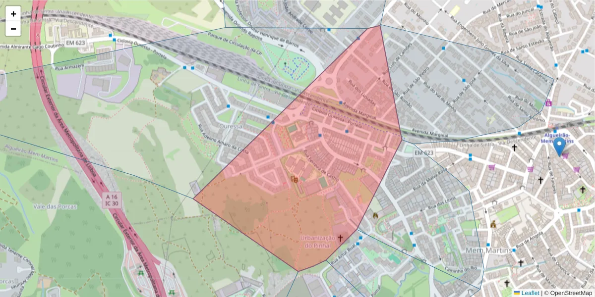 Mapa detalhado do código postal 2725-251 com limites, códigos postais vizinhos e agências dos correios