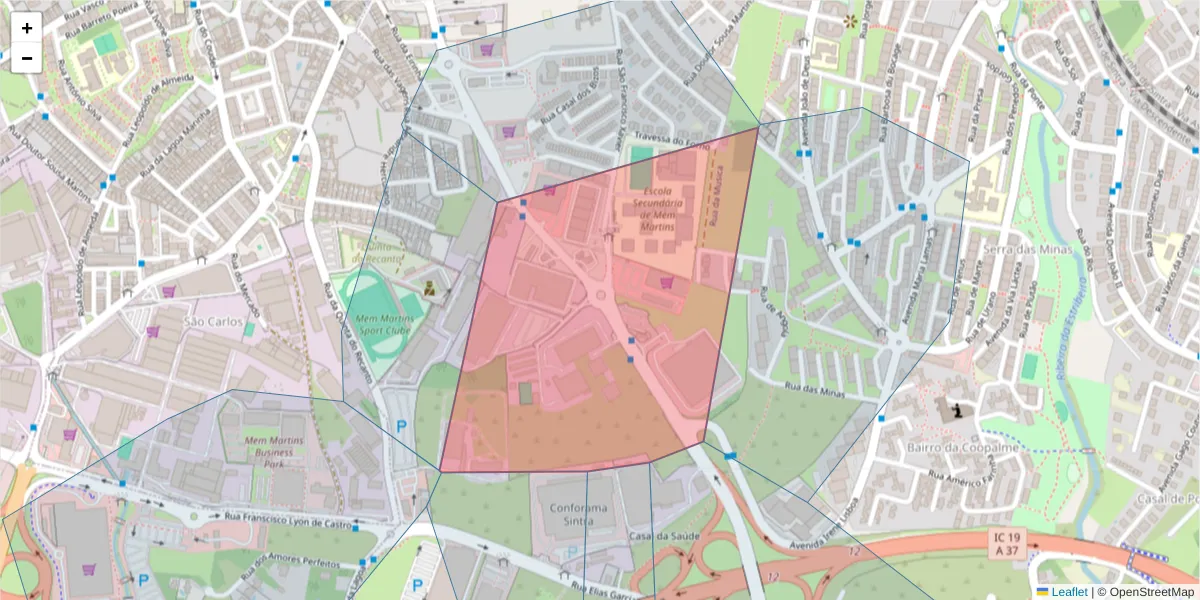 Mapa detalhado do código postal 2725-260 com limites, códigos postais vizinhos e agências dos correios