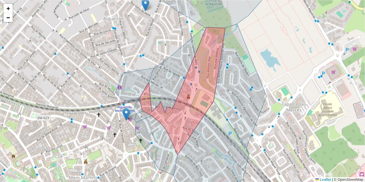 Mapa detalhado do código postal 2725-269 com limites, códigos postais vizinhos e agências dos correios
