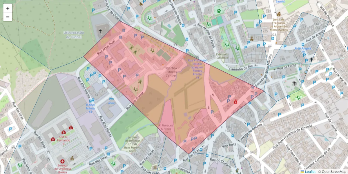 Mapa detalhado do código postal 2725-280 com limites, códigos postais vizinhos e agências dos correios