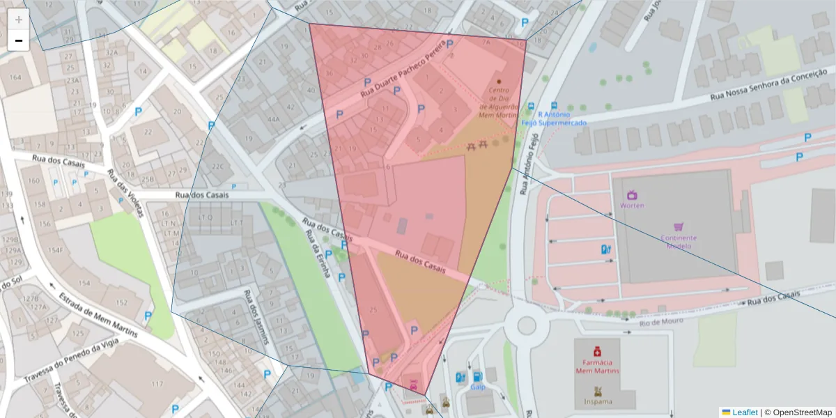 Mapa detalhado do código postal 2725-287 com limites, códigos postais vizinhos e agências dos correios