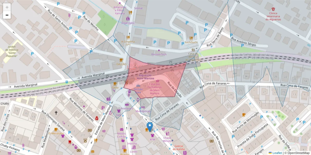 Mapa detalhado do código postal 2725-302 com limites, códigos postais vizinhos e agências dos correios