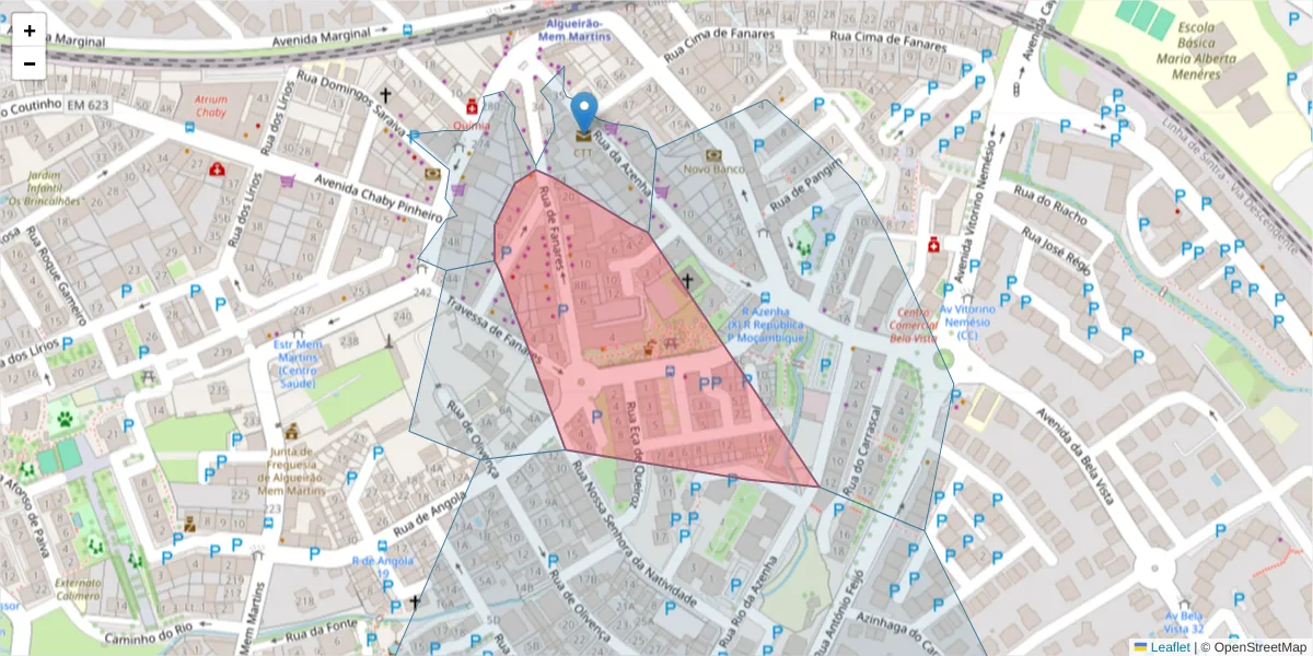 Mapa detalhado do código postal 2725-307 com limites, códigos postais vizinhos e agências dos correios
