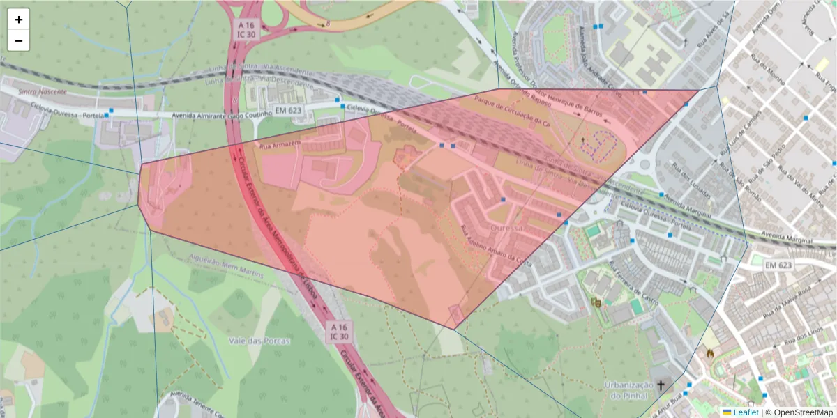 Mapa detalhado do código postal 2725-317 com limites, códigos postais vizinhos e agências dos correios