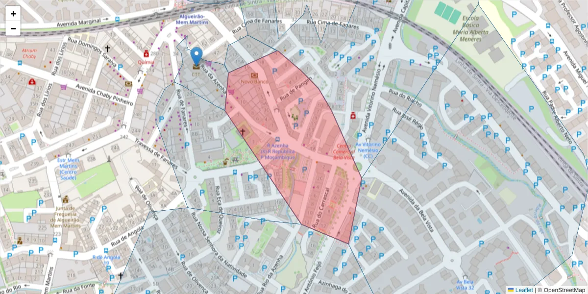 Mapa detalhado do código postal 2725-327 com limites, códigos postais vizinhos e agências dos correios