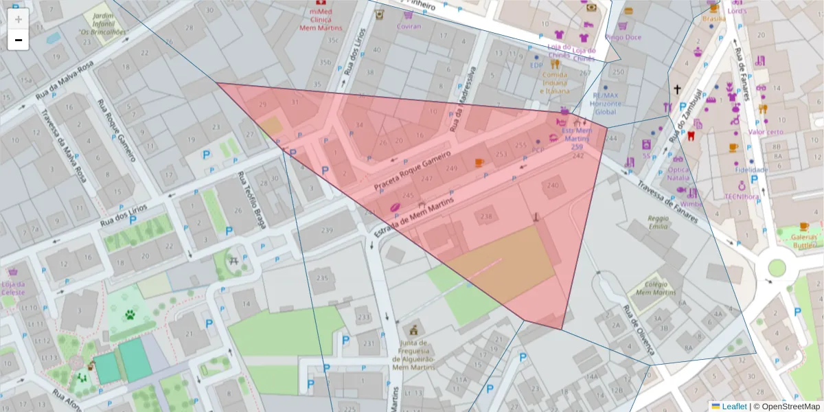 Mapa detalhado do código postal 2725-383 com limites, códigos postais vizinhos e agências dos correios