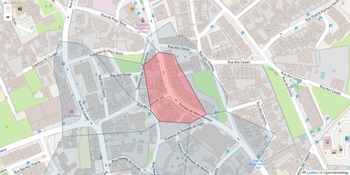 Mapa detalhado do código postal 2725-387 com limites, códigos postais vizinhos e agências dos correios