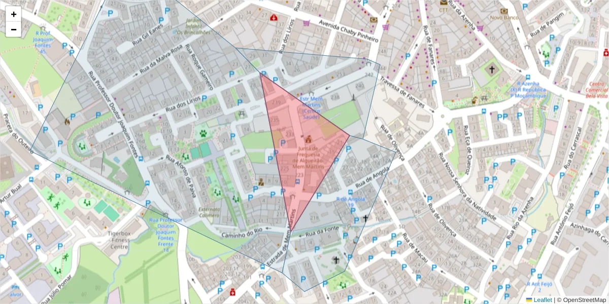 Mapa detalhado do código postal 2725-389 com limites, códigos postais vizinhos e agências dos correios