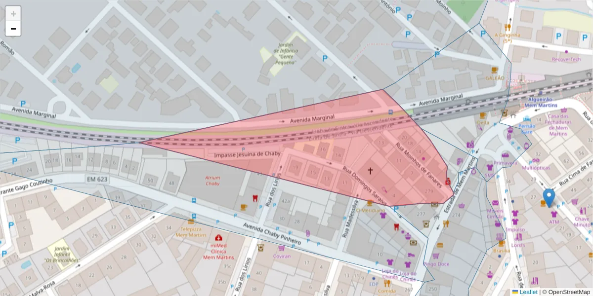 Mapa detalhado do código postal 2725-394 com limites, códigos postais vizinhos e agências dos correios