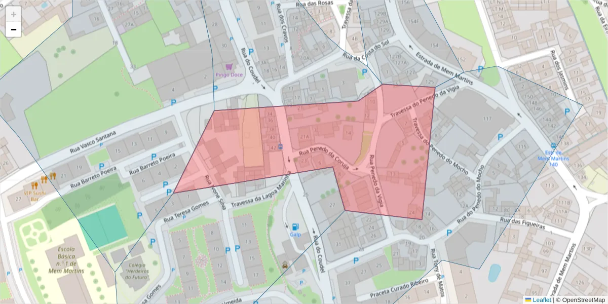 Mapa detalhado do código postal 2725-415 com limites, códigos postais vizinhos e agências dos correios