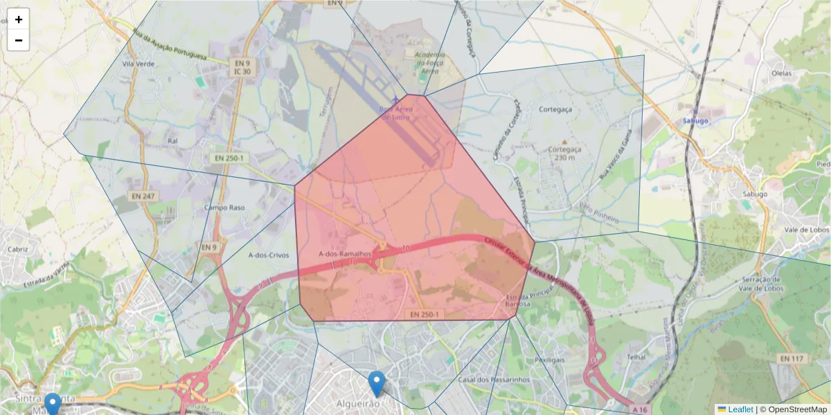 Mapa detalhado do código postal 2725-524 com limites, códigos postais vizinhos e agências dos correios