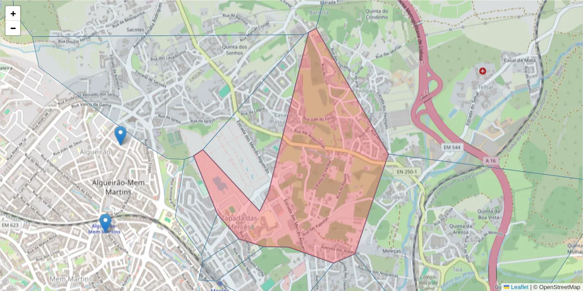 Mapa detalhado do código postal 2725-537 com limites, códigos postais vizinhos e agências dos correios