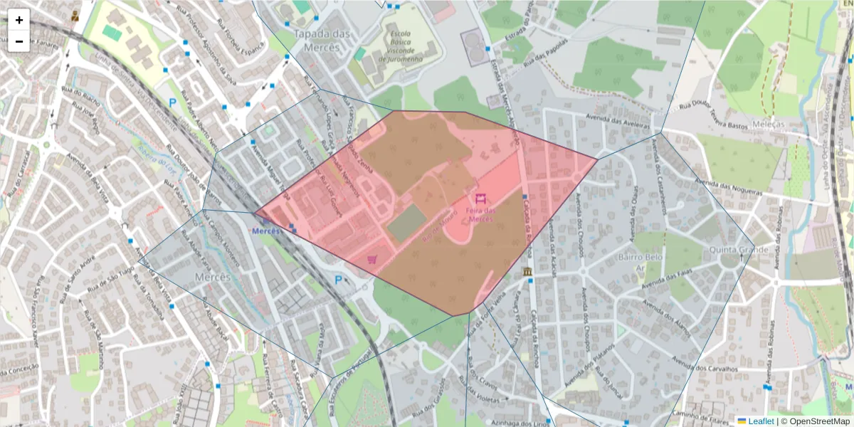 Mapa detalhado do código postal 2725-555 com limites, códigos postais vizinhos e agências dos correios