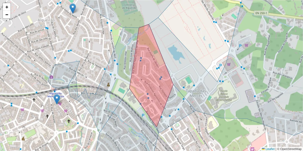 Mapa detalhado do código postal 2725-566 com limites, códigos postais vizinhos e agências dos correios