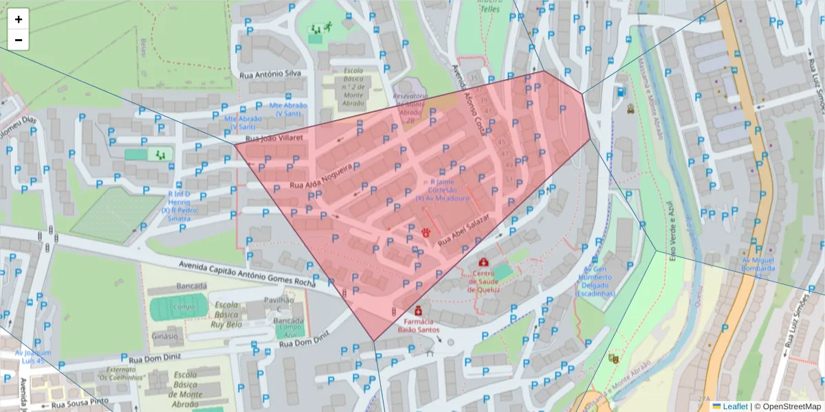 Mapa detalhado do código postal 2745-233 com limites, códigos postais vizinhos e agências dos correios