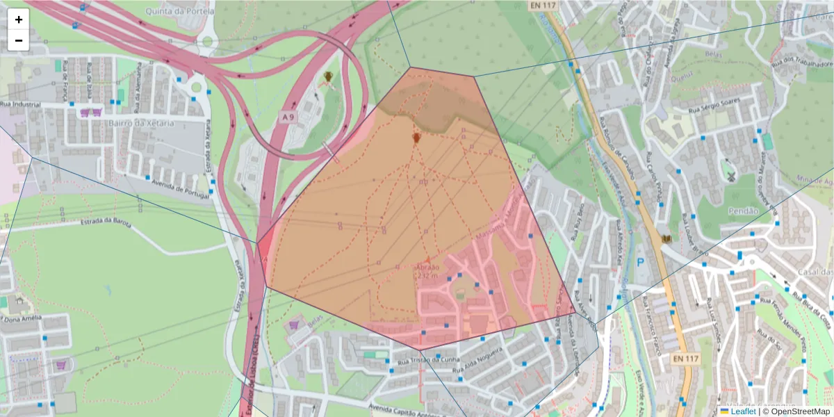 Mapa detalhado do código postal 2745-305 com limites, códigos postais vizinhos e agências dos correios