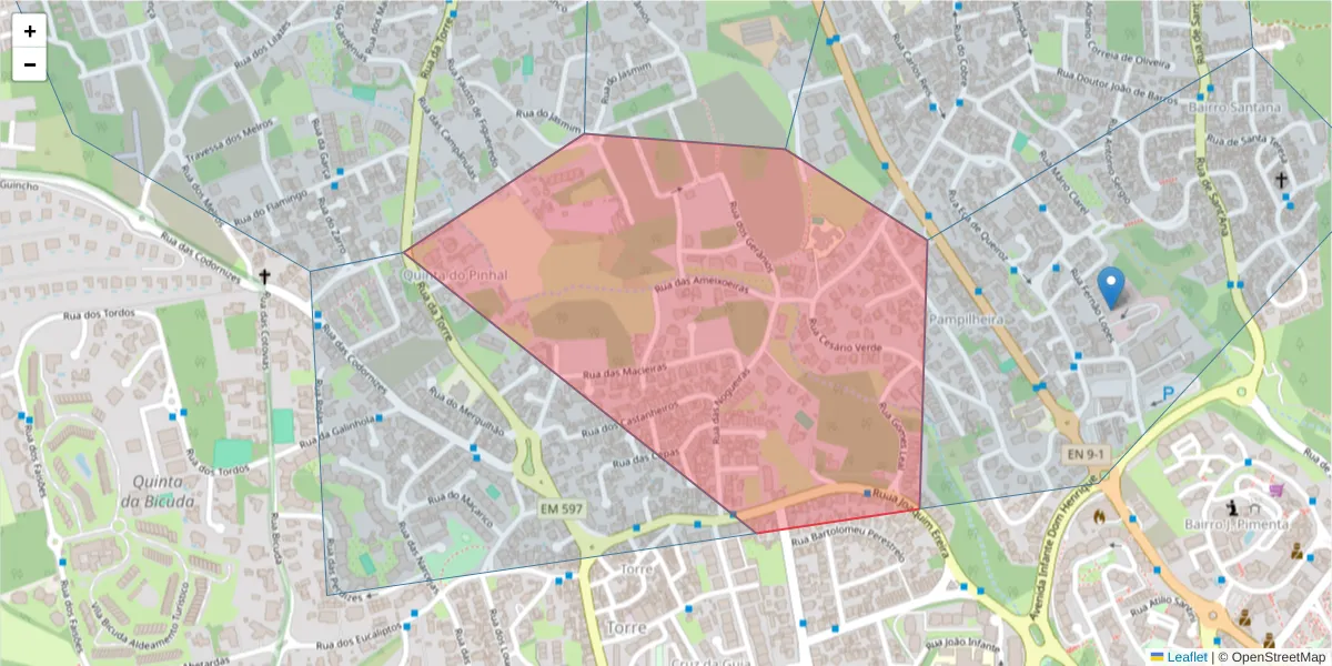 Mapa detalhado do código postal 2750-010 com limites, códigos postais vizinhos e agências dos correios
