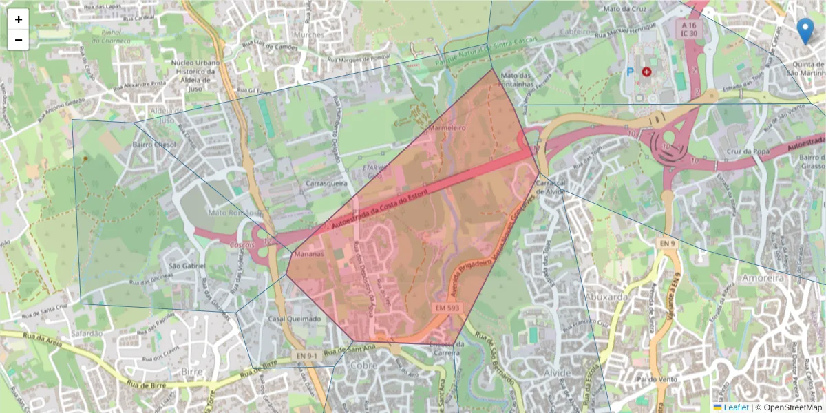 Mapa detalhado do código postal 2750-561 com limites, códigos postais vizinhos e agências dos correios