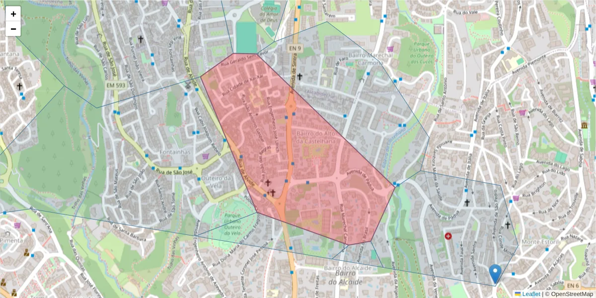 Mapa detalhado do código postal 2750-629 com limites, códigos postais vizinhos e agências dos correios