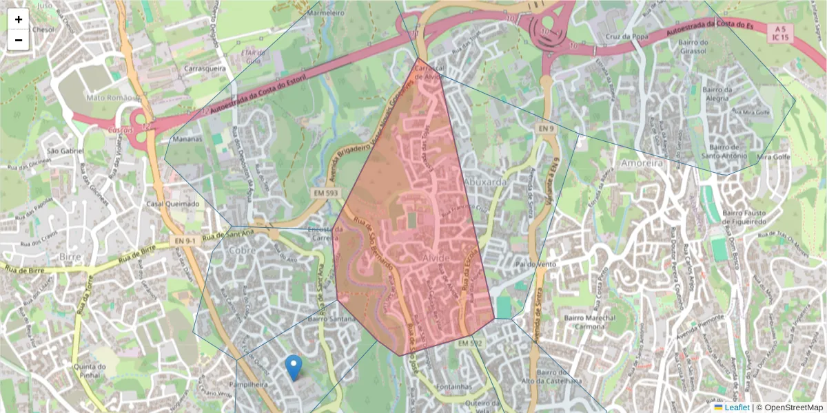 Mapa detalhado do código postal 2755-030 com limites, códigos postais vizinhos e agências dos correios