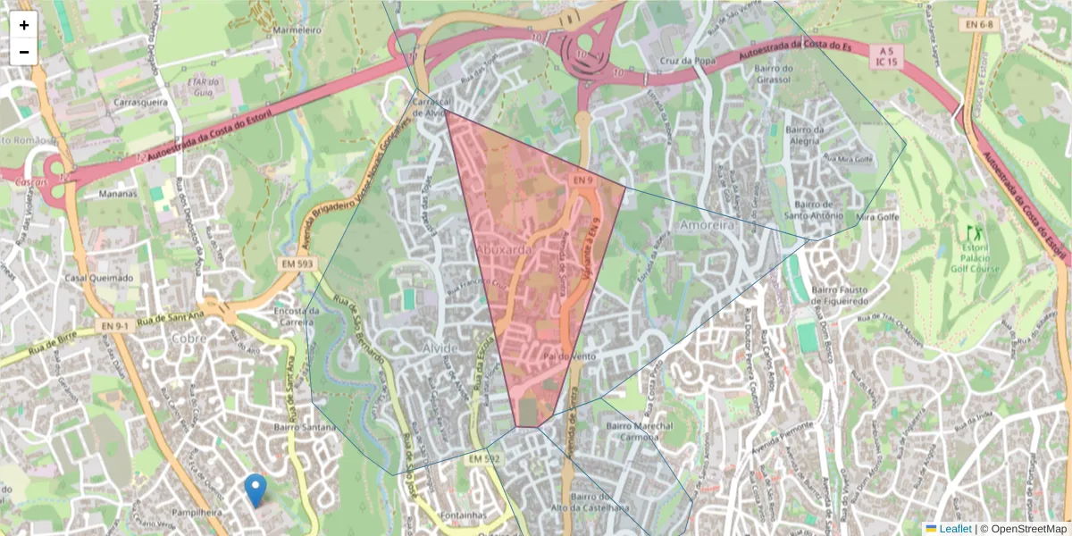 Mapa detalhado do código postal 2755-318 com limites, códigos postais vizinhos e agências dos correios