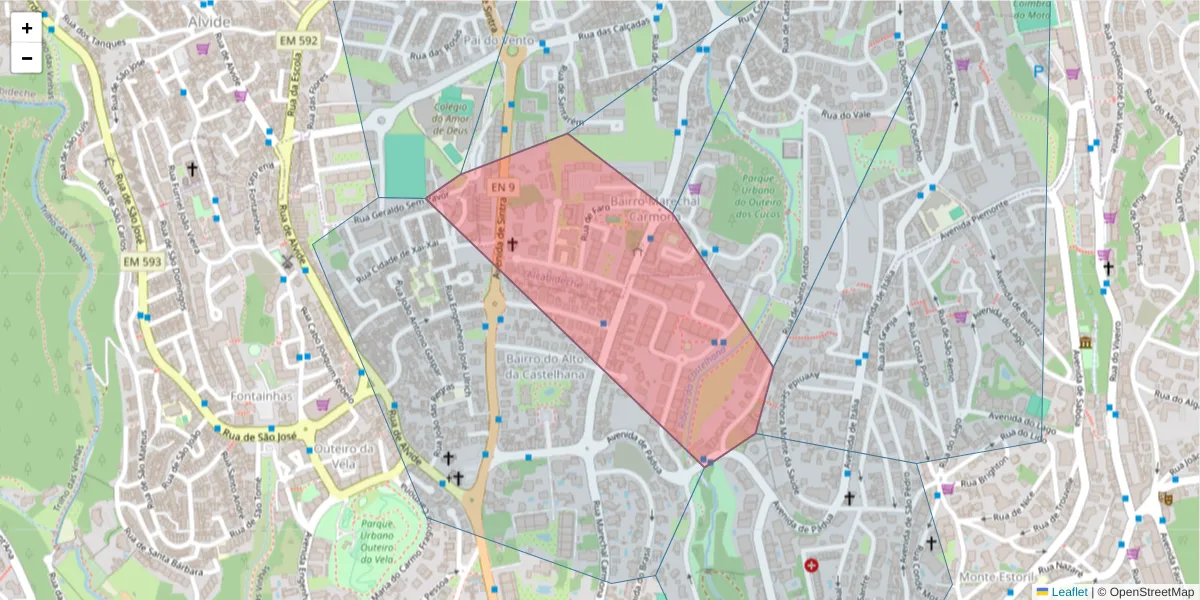 Mapa detalhado do código postal 2755-522 com limites, códigos postais vizinhos e agências dos correios