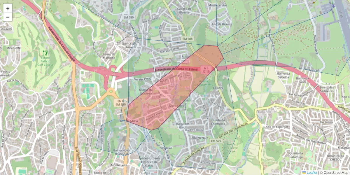 Mapa detalhado do código postal 2765-073 com limites, códigos postais vizinhos e agências dos correios