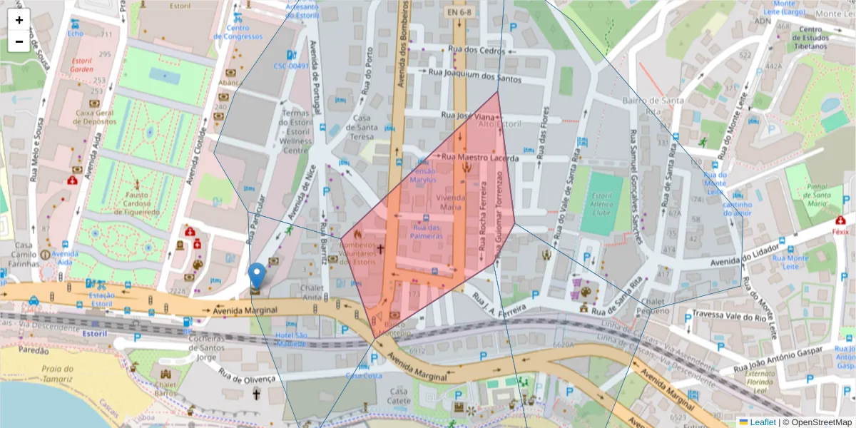 Mapa detalhado do código postal 2765-202 com limites, códigos postais vizinhos e agências dos correios