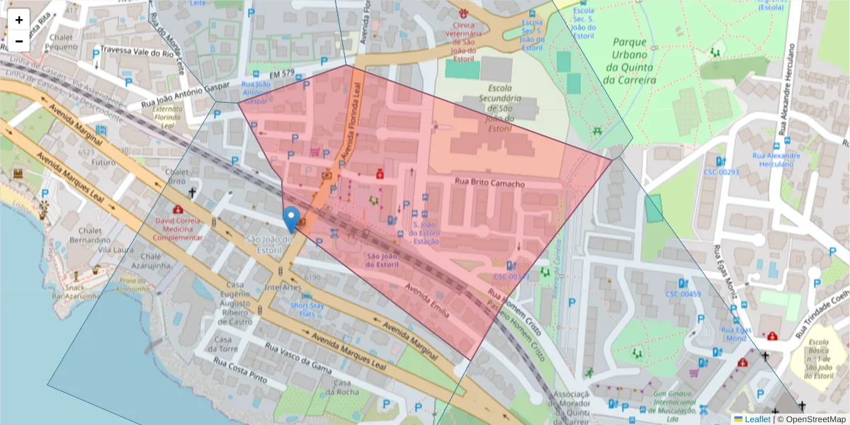 Mapa detalhado do código postal 2765-224 com limites, códigos postais vizinhos e agências dos correios