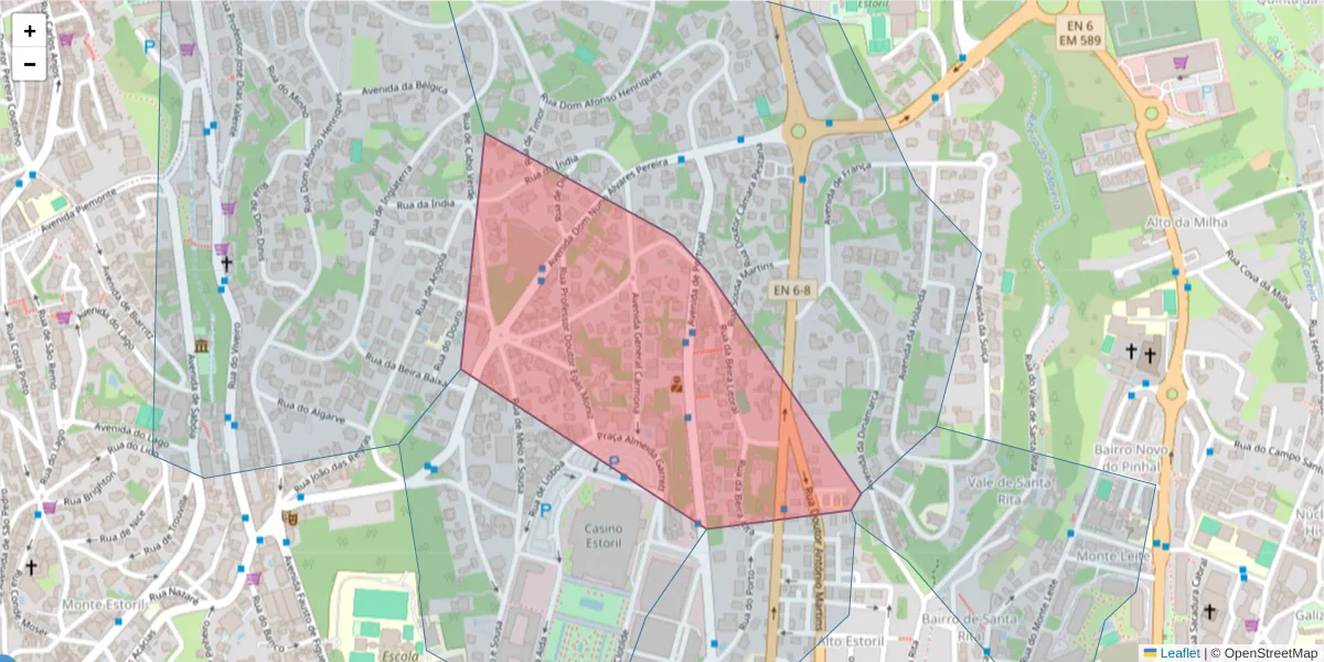 Mapa detalhado do código postal 2765-272 com limites, códigos postais vizinhos e agências dos correios