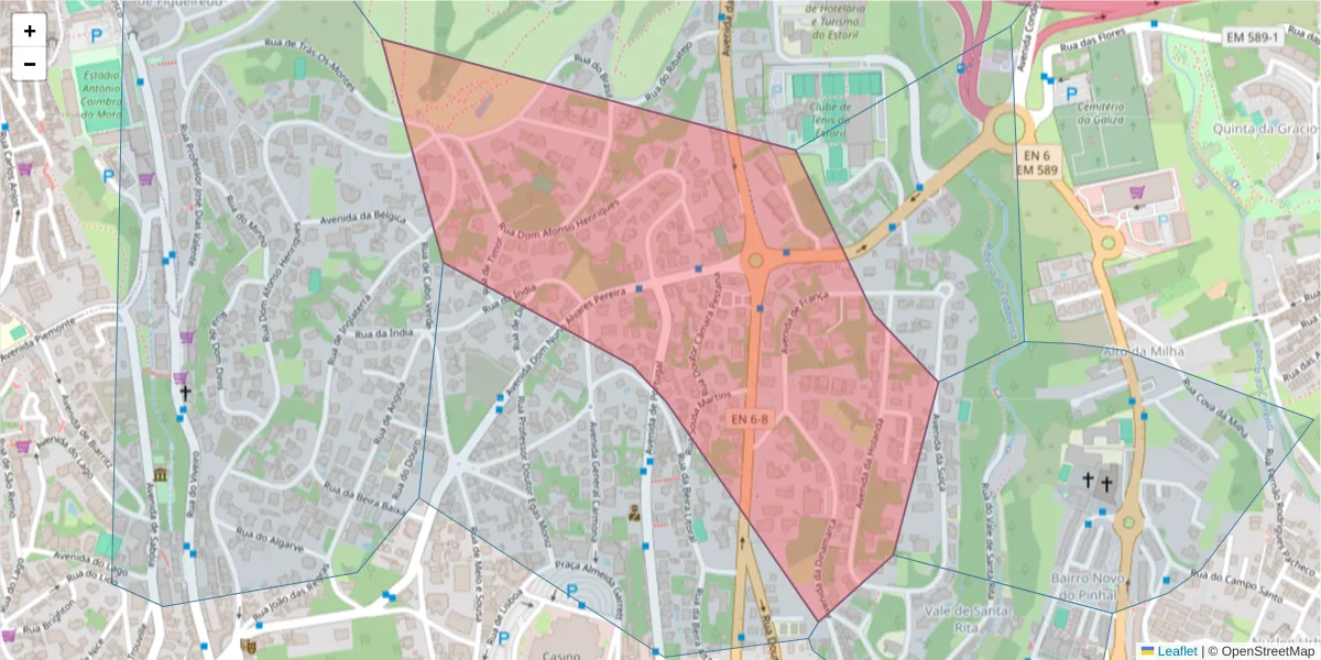 Mapa detalhado do código postal 2765-273 com limites, códigos postais vizinhos e agências dos correios