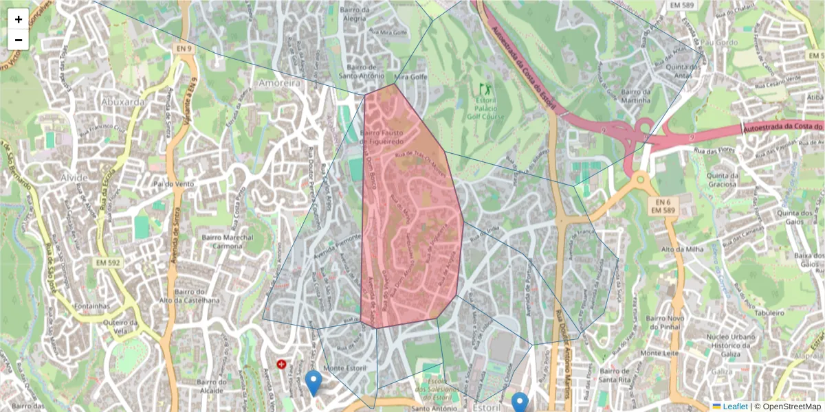 Mapa detalhado do código postal 2765-309 com limites, códigos postais vizinhos e agências dos correios