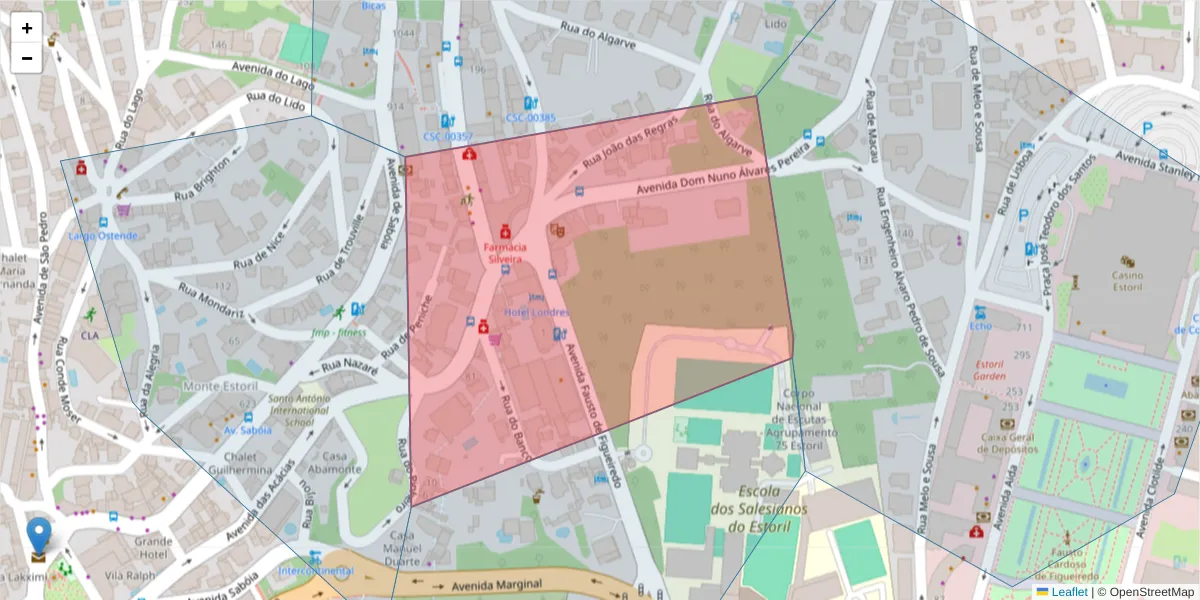 Mapa detalhado do código postal 2765-412 com limites, códigos postais vizinhos e agências dos correios