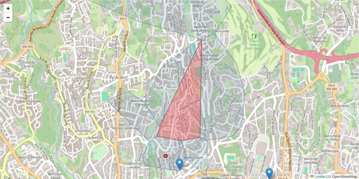 Mapa detalhado do código postal 2765-422 com limites, códigos postais vizinhos e agências dos correios