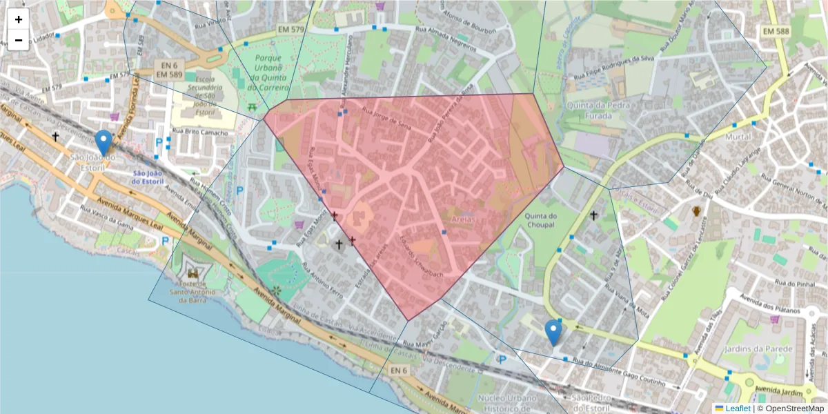 Mapa detalhado do código postal 2765-465 com limites, códigos postais vizinhos e agências dos correios