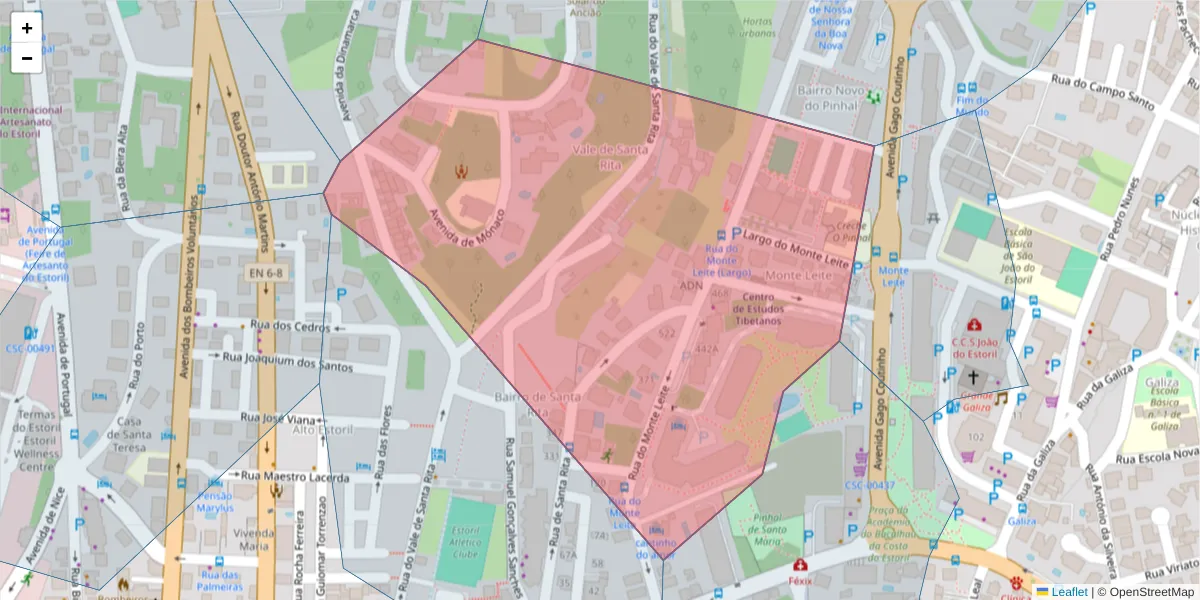 Mapa detalhado do código postal 2765-496 com limites, códigos postais vizinhos e agências dos correios