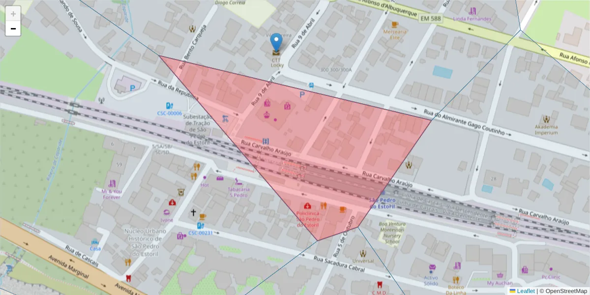 Mapa detalhado do código postal 2765-542 com limites, códigos postais vizinhos e agências dos correios