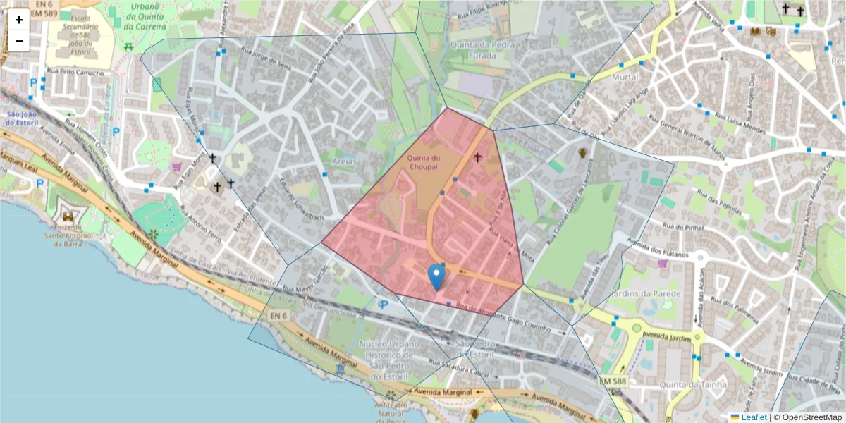 Mapa detalhado do código postal 2765-995 com limites, códigos postais vizinhos e agências dos correios