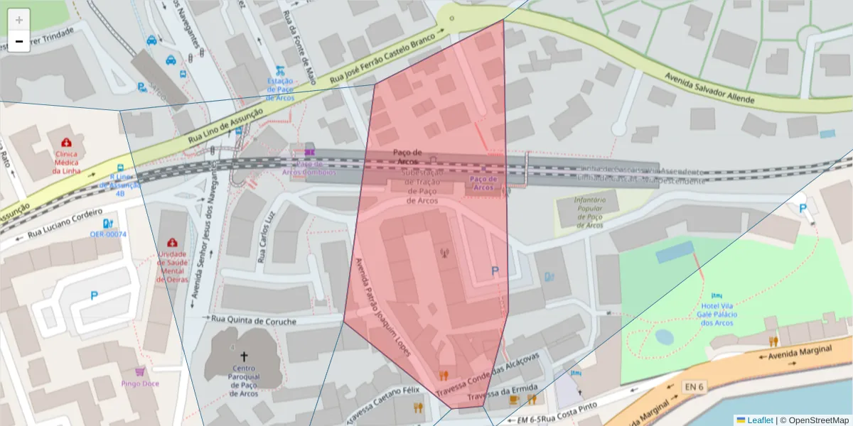 Mapa detalhado do código postal 2770-106 com limites, códigos postais vizinhos e agências dos correios
