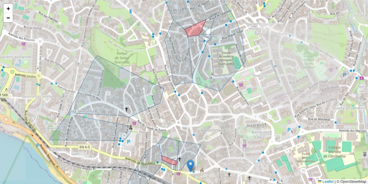 Mapa detalhado do código postal 2775-001 com limites, códigos postais vizinhos e agências dos correios