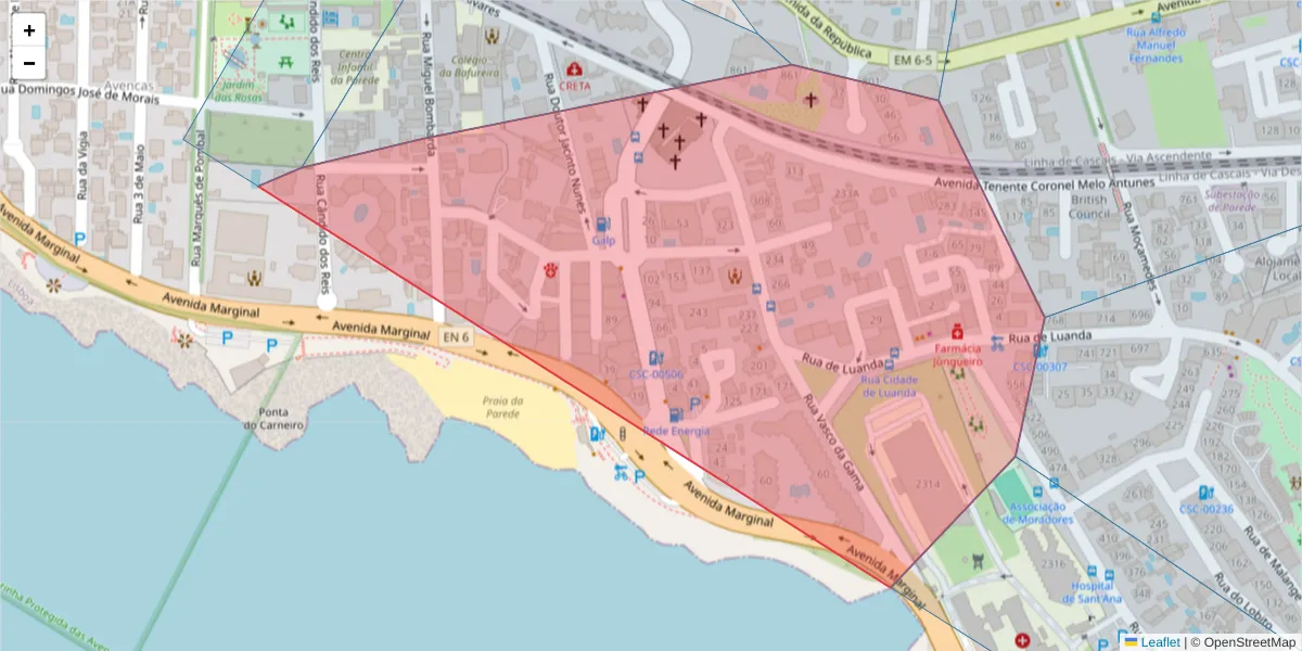 Mapa detalhado do código postal 2775-211 com limites, códigos postais vizinhos e agências dos correios