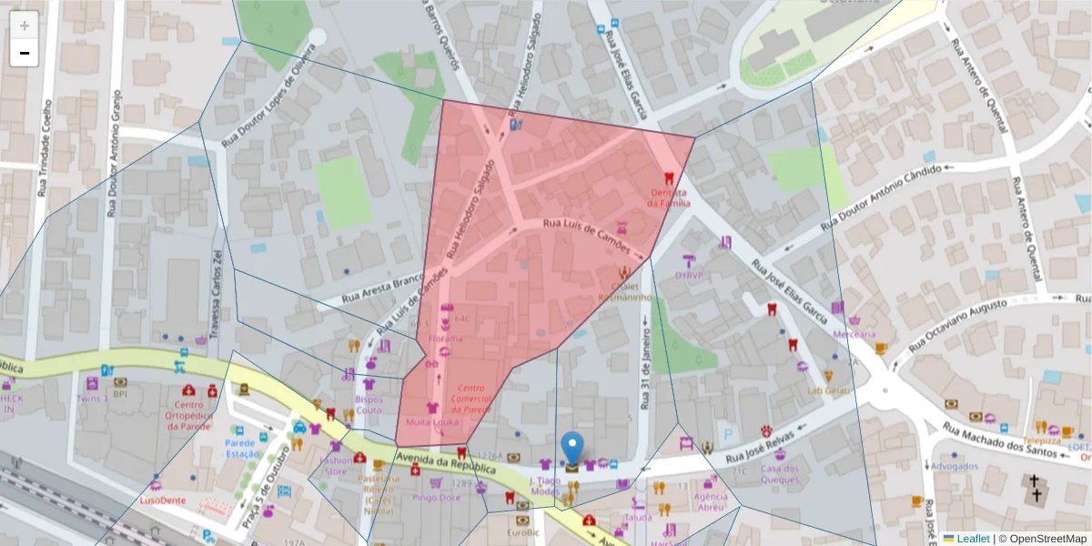 Mapa detalhado do código postal 2775-225 com limites, códigos postais vizinhos e agências dos correios