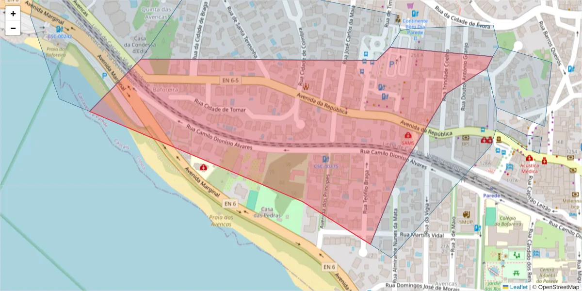 Mapa detalhado do código postal 2775-240 com limites, códigos postais vizinhos e agências dos correios